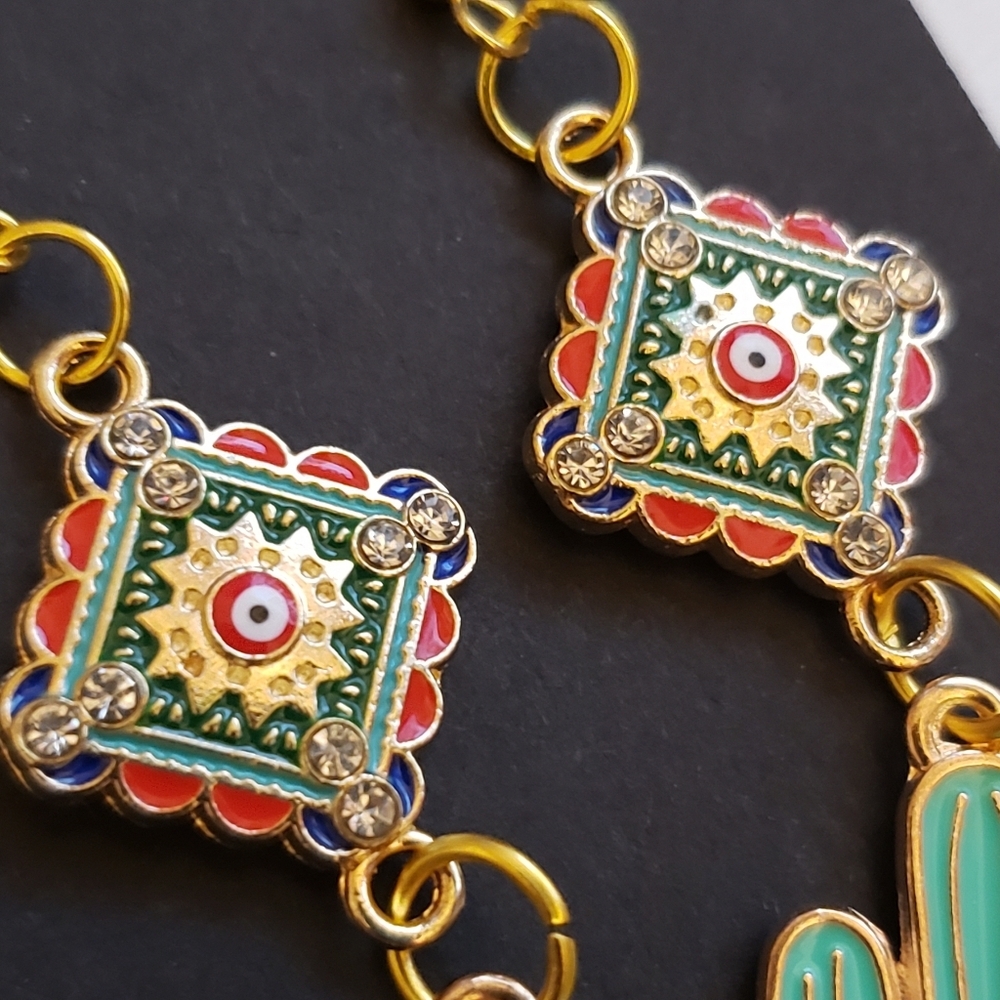 Handmade Boho Rhinestone Mint Green Western Cactus Dangle Earrings - Picture 2 of 3